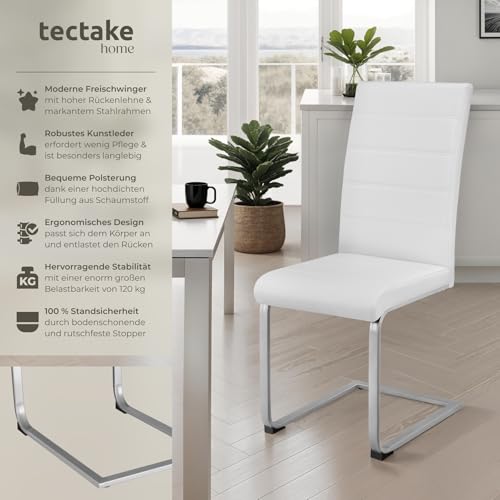 tectake® 2er Set Esszimmerstühle modern, ergonomischer Stuhl für Esszimmer, Besucherstuhl, Möbel für Küche, Esstisch, Küchenstühle, Freischwinger Essstühle, hohe Rückenlehne - weiß - 4