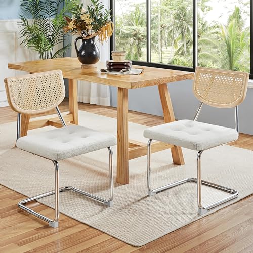 Yaheetech Küchenstuhl 2er Set Esszimmerstühle Rückenlehne aus Rattan Schwingstuhl aus Bouclé-Gewebe Polsterstuhl fürs Esszimmer/Küche/Wohnzimmer/Restaurant Weiß - 2