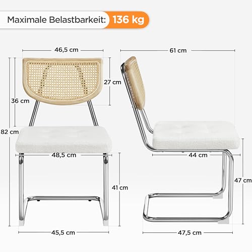 Yaheetech Küchenstuhl 2er Set Esszimmerstühle Rückenlehne aus Rattan Schwingstuhl aus Bouclé-Gewebe Polsterstuhl fürs Esszimmer/Küche/Wohnzimmer/Restaurant Weiß - 3
