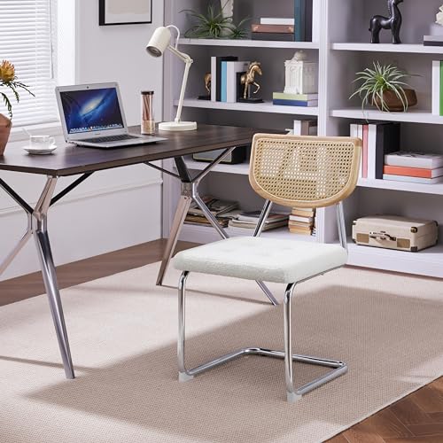 Yaheetech Küchenstuhl 2er Set Esszimmerstühle Rückenlehne aus Rattan Schwingstuhl aus Bouclé-Gewebe Polsterstuhl fürs Esszimmer/Küche/Wohnzimmer/Restaurant Weiß - 4