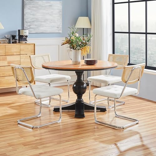 Yaheetech Küchenstuhl 2er Set Esszimmerstühle Rückenlehne aus Rattan Schwingstuhl aus Bouclé-Gewebe Polsterstuhl fürs Esszimmer/Küche/Wohnzimmer/Restaurant Weiß - 5