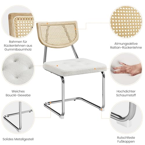 Yaheetech Küchenstuhl 2er Set Esszimmerstühle Rückenlehne aus Rattan Schwingstuhl aus Bouclé-Gewebe Polsterstuhl fürs Esszimmer/Küche/Wohnzimmer/Restaurant Weiß - 6