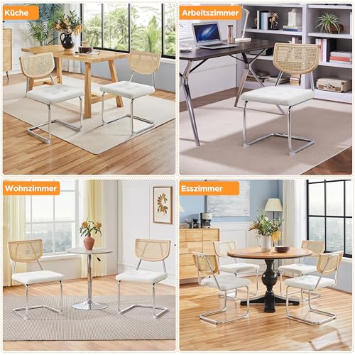 Yaheetech Küchenstuhl 2er Set Esszimmerstühle Rückenlehne aus Rattan Schwingstuhl aus Bouclé-Gewebe Polsterstuhl fürs Esszimmer/Küche/Wohnzimmer/Restaurant Weiß - 9