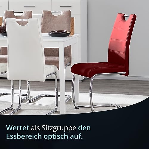 KHG 2er Set Esszimmerstühle Schwingstuhl Polsterstuhl Küchenstuhl Kunstleder Rot - Design Stuhl Sitzhöhe 48 cm - Freischwinger mit integriertem Griff, für Büro Küche Wohnzimmer - 3