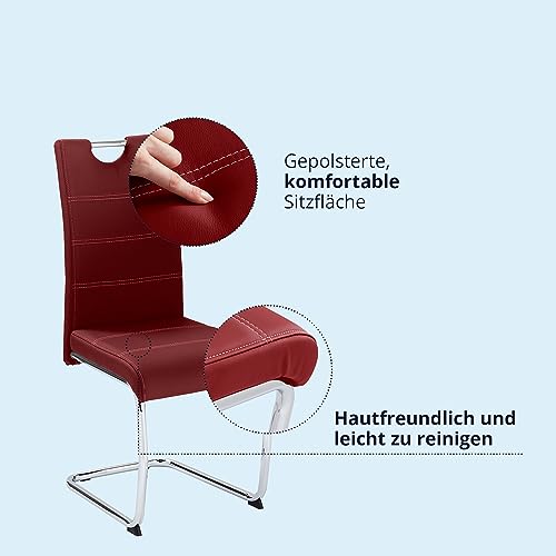KHG 2er Set Esszimmerstühle Schwingstuhl Polsterstuhl Küchenstuhl Kunstleder Rot - Design Stuhl Sitzhöhe 48 cm - Freischwinger mit integriertem Griff, für Büro Küche Wohnzimmer - 5