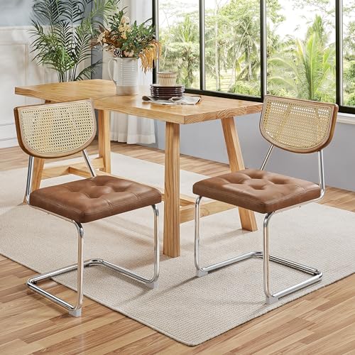 Yaheetech 2-er Set Küchenstuhl Rückenlehne aus Rattan Esszimmerstühle Schwingstuhl mit Metallgestell Polsterstuhl fürs Esszimmer/Küche/Wohnzimmer/Restaurant, Kunstleder, Retro-Braun - 2