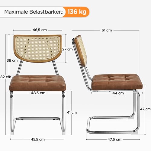 Yaheetech 2-er Set Küchenstuhl Rückenlehne aus Rattan Esszimmerstühle Schwingstuhl mit Metallgestell Polsterstuhl fürs Esszimmer/Küche/Wohnzimmer/Restaurant, Kunstleder, Retro-Braun - 3